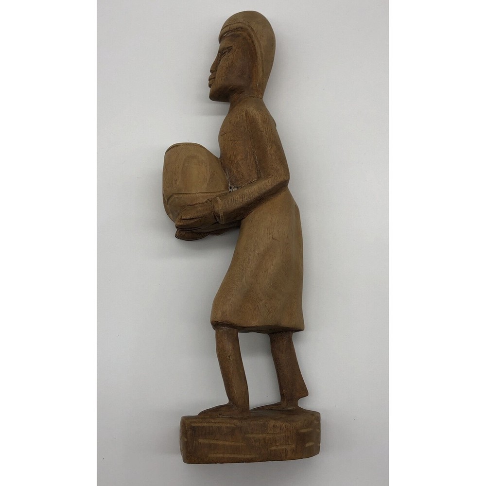 Vintage Folk Art Tribal Figurine Sculpture Holding Basket/Bowl Hand Carved 13”